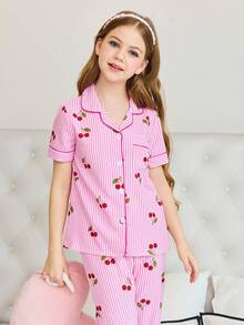 SHEIN Bubble & Cherry Blossom Print Short Sleeve Pants Girls Pajama Set Kids Cherry Pajamas Cherry Pajama Set