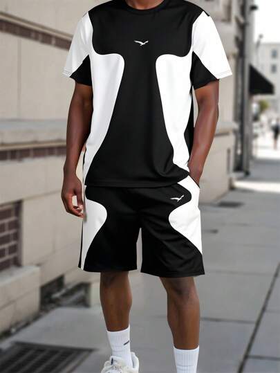 Manfinity EMRG Men's Contrast Color Eagle Print Round Neck Short Sleeve Casual T-Shirt And Drawstring Waist Shorts Set Men Two Pieces Set Men Co Ord Set Men Black And White Set Men Jogger Set Men Short Set, A Great Gift For Your Boyfriend, Back To School