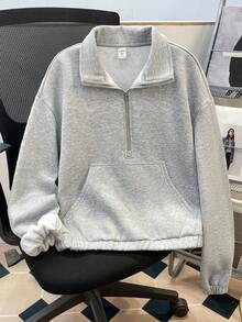 SHEIN 少女灰色落肩拉链半开襟短款卫衣，秋冬季款 - 淺灰色 - 查看 8