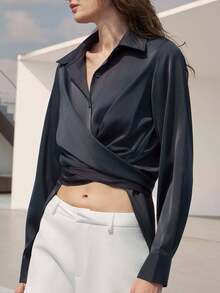 Uhlyne Áo sơ mi nữ thanh lịch, tối giản, màu xám đậm, cài cúc, có thắt lưng, thích hợp cho công sở, đi làm hàng ngày, phong cách chuyên nghiệp, nghỉ hè, du lịch, nghỉ mát, mùa xuân. - Màu xám đen - Xem 3