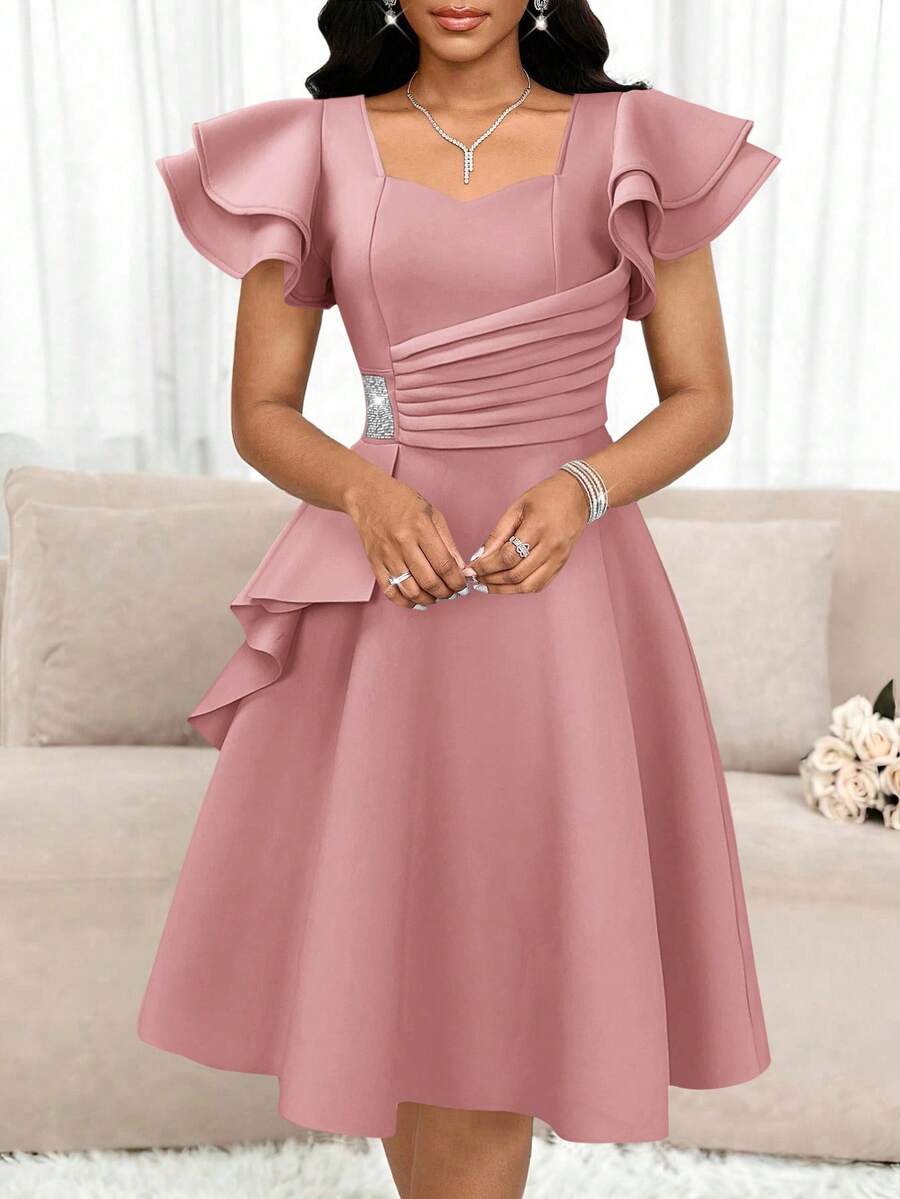 SHEIN Lady Women's Solid Color Sweetheart Neck Ruffle Sleeve Elegant Rhinestone Waist Dress