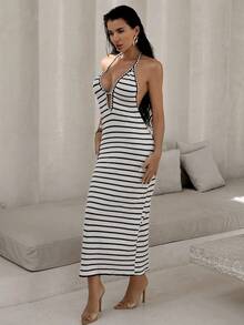 Bonvoyette Vestido largo de verano para playa y vacaciones, estilo vintage con textura de moneda, a rayas en blanco y negro con contraste de color, tela casual y suelta, vestido maxi con espalda descubierta como cubierta para traje de baño - Blanco y Negro - Ver 1