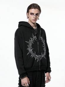 ROMWE MEN Goth Sudadera con capucha casual de manga larga con cremallera y cuello, con estampado gótico oscuro, para otoño - Negro - Ver 10