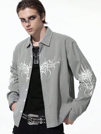 Street Life Camicia casual a maniche lunghe con motivo a quadri, monopetto, vestibilità ampia, stile emo, da uomo