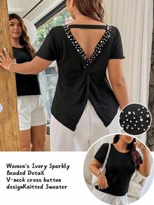 Vionelle Plus Size Women French Style Beaded Short Sleeve Knit Top, Elegant, Fashionable, Versatile, Casual & Minimalist - Black - View 1