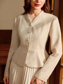 Vintamour Sacou vintage elegant pentru femei, cu nasturi, cu tiv peplum, casual, pentru birou, de vacanță, toamnă, iarnă, Crăciun - Kaki - Vizualizare 2