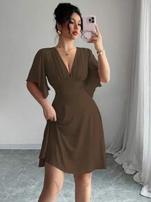 Elenzga New V-Neck Ruched Bust Ruffled Sleeve Waist Cinched Elegant Mini Dress For Women, Flattering & Slimming - Brown - View 4