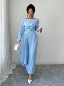 Elenzga Vestido de manga larga con cuello redondo, cintura fruncida y bajo con abertura, elegante y casual para vacaciones, primavera/otoño