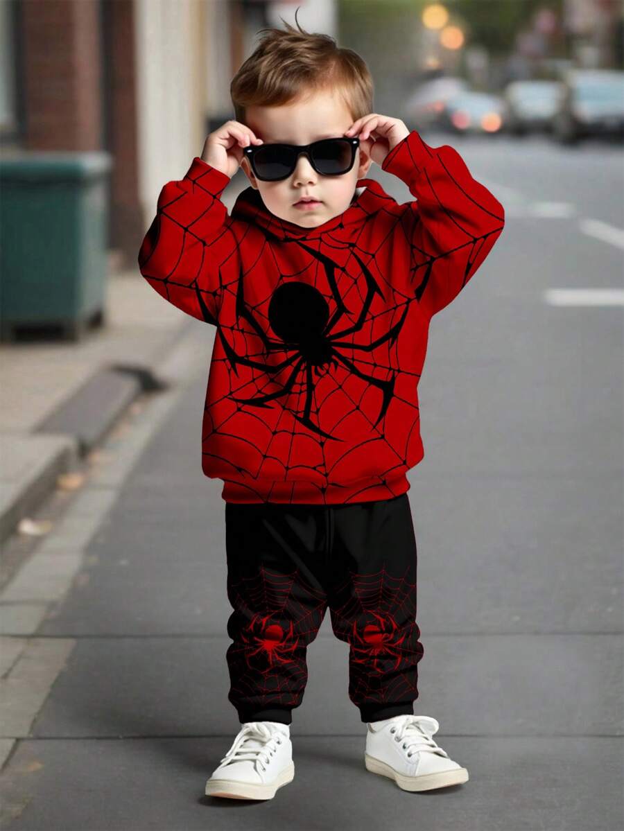 SHEIN 男婴休闲宽松舒适针织柔软连帽运动服，适合秋冬季