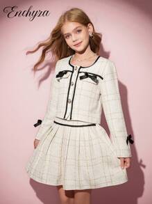 青少年女孩 T 恤套装，休闲优雅百搭，粗花呢夹克套装，搭配蝴蝶结夹克和迷你裙白色套装