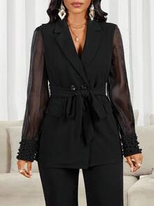 SHEIN Lady Women's Solid Color Mesh Patchwork Sheer Pocket Long Sleeve Blazer And Pants Suit Set In Fall/Winter - Black - View 7