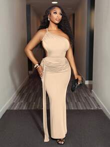 Mistrie 女式纯色无袖腰部镂空褶饰紧身连衣裙 - 卡其色 - 查看 7