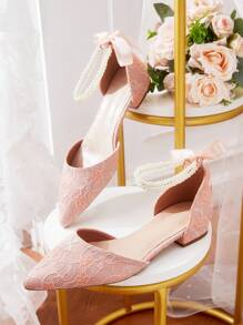 CUCCOO HITCHD 粉色珍珠蝴蝶结蕾丝女士平底鞋，低跟，舒适，优雅，适合婚礼，女士镂空平底鞋 - 粉色 - 查看 1