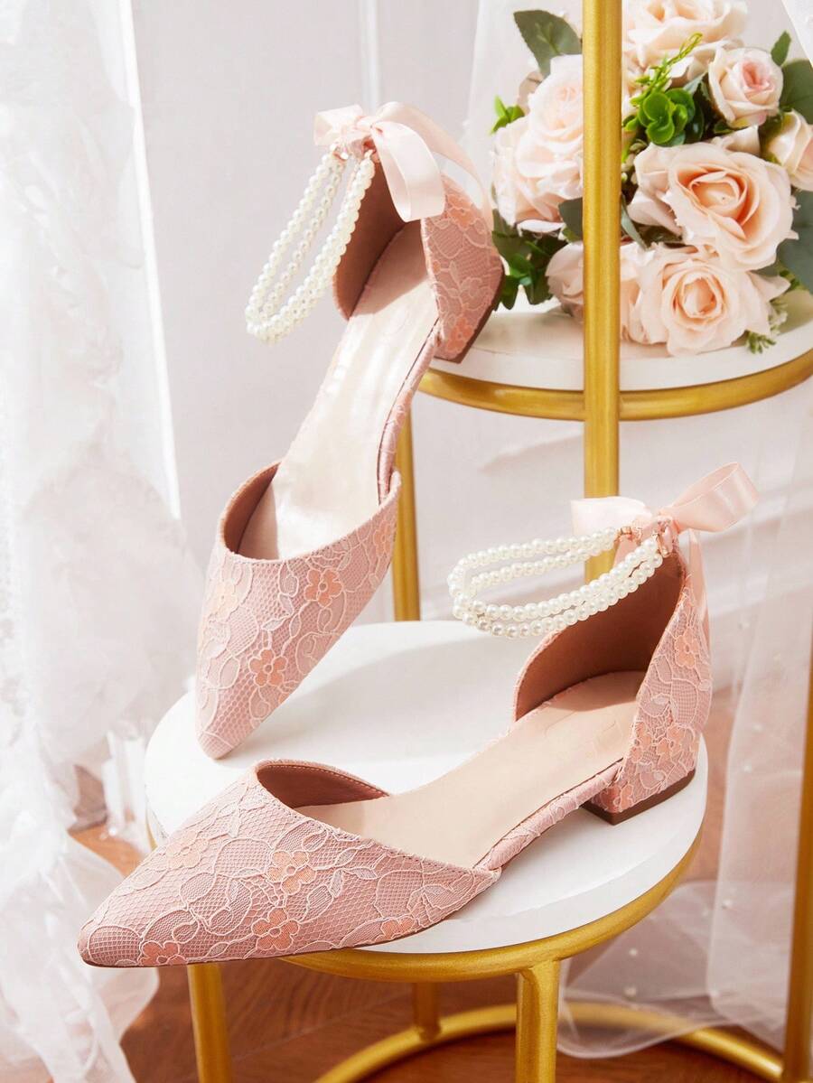 CUCCOO HITCHD 粉色珍珠蝴蝶结蕾丝女士平底鞋，低跟，舒适，优雅，适合婚礼，女士镂空平底鞋 - 粉色 - 查看 1