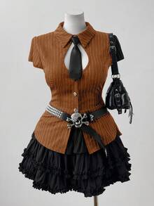 Sunspun Áo kiểu nữ cỡ lớn tay ngắn có cúc kim loại trang trí, kiểu dáng thường ngày. - Cà phê nâu - Xem 1