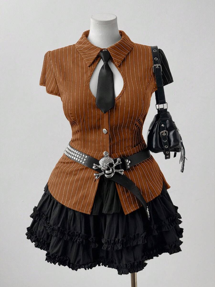 Sunspun Áo kiểu nữ cỡ lớn tay ngắn có cúc kim loại trang trí, kiểu dáng thường ngày. - Cà phê nâu - Xem 1