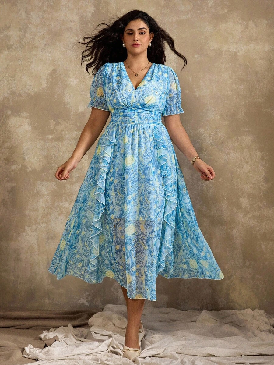 Roveilla Elegantes Kleid in Große Größen mit blauem Allover-Muster, V-Ausschnitt und Rüschensaum, Sommer - Verschiedenfarbig - Übersicht 1