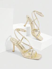 CUCCOO SZL Women's Gold Metallic PU Fashionable Sexy Strap Buckle Nightclub Glamorous Pointed Toe High Heel Sandals