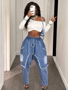 Slaydiva Women's Elastic Waist Frayed Hem Loose Harem Casual Jeans Baggy Jeans Y2k Oversized Jeans Frayed Jeans Patchwork Jeans Loose Jeans Distressed Jeans Ripped Jeans Denim Pants - Light Wash - View 6