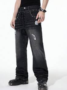 ROMWE MEN Grunge Punk Jeans de pierna ancha con decoración de remaches, estilo casual de calle, con doble cintura para hombres - Negro - Ver 8