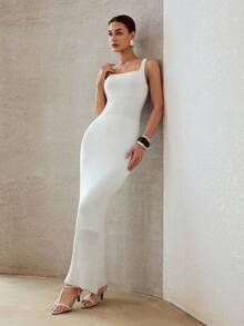 MOTF PREMIUM 纯色方领鱼尾下摆修身毛衣裙 - 白色 - 查看 3