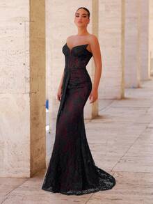 Glamrae Váy đuôi cá xếp nếp hở lưng gợi cảm, sang trọng, ren co giãn, thanh lịch, thích hợp cho đám cưới, tiệc tùng, kỳ nghỉ, dạ tiệc, những dịp trang trọng (Độ bền cao) - Màu Đỏ Sâu - Xem 6