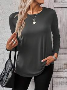 EMERY ROSE 1pc Women's Loose Fit Round Neck Long Sleeve Shirt, Casual Layering TopIn Fall/Winter - Multicolor - View 2