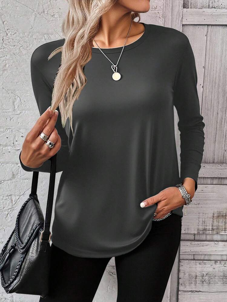 1 pièce Chemise à manches longues col rond ample pour femme, Top casual superposable