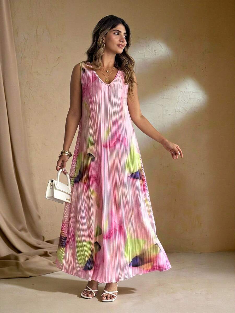 Roveilla 大码复古扎染印花百褶无袖连衣裙 - 彩色 - 查看 1