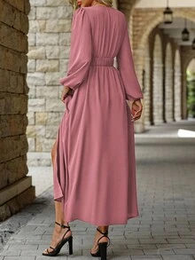EMERY ROSE Women's Casual Solid Color Surplice Neck Lantern Sleeve Elastic Waist High Slit Dress, Spring/Autumn - Dusty Pink - View 2