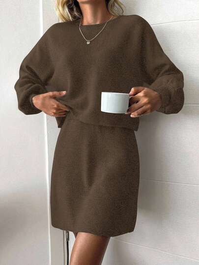 EURMUSE 2pcs/Set Women Casual Solid Color Knitted Sweater And Knit Skirt, Autumn/Winter Fall