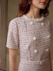 MOTF PREMIUM TWEED FAUX PEARL TRIM DRESS - Pink - View 4