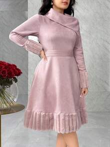 Feyla Váy dài vừa phải bằng vải da lộn chắp vá có gân, cổ thắt lưng cho nữ, phù hợp cho mùa thu đông - Bụi hồng - Xem 4