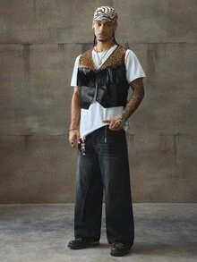 AXEPEAK Men's Leopard Print Patchwork Fringe Design Fashionable Vest, Fall Winter - Multicolor - View 4