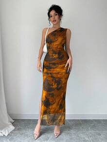 Elenzga Váy dạ hội sang trọng dành cho nữ, cổ lệch in họa tiết tie-dye, không tay gợi cảm - màu nâu - Xem 1