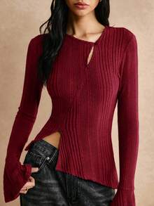 Poéselle Lässiges asymmetrisches Hals Einfarbig geripptes Langarm Slim Fit T-Shirt für Herbst und Winter, weiches Nadelstreifen Strick Oberteil, Skinny Stretch T-Shirt, mühelos schickes Essentiell, FW24, Herbst Damen