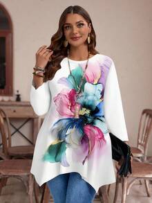 大码女式休闲浪漫彩色花卉印花不对称下摆圆领宽松七分袖T恤，适合夜间外出、教师秋季穿着，女士花卉上衣，女式花卉图案 - 彩色 - 查看 4