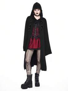 ROMWE Goth 哥特式长款连帽针织斗篷，万圣节 - 黑色 - 查看 5