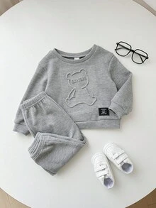 SHEIN 2 件套男婴/女婴可爱灰色 3D 熊卡通印花长袖运动衫和慢跑运动服，男女通用婴儿服装，婴儿冬季服装 - 灰色 - 查看 6