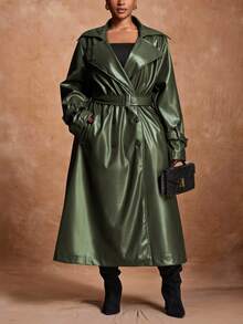 Slaydiva Autumn/Winter New Arrivals, Suitable For Easter, Western, Beach, Bohemian, Boho, Festival, Vintage, Country Music, Outdoor, Fairy, Holiday, Airport, Western, Tropical Vacation Styles, Spring/Summer Green Trench Coat Plus Size Trench Coat Faux Leather Trench Coat Women Trench Coat Long Green Coat Fall - Green - View 6