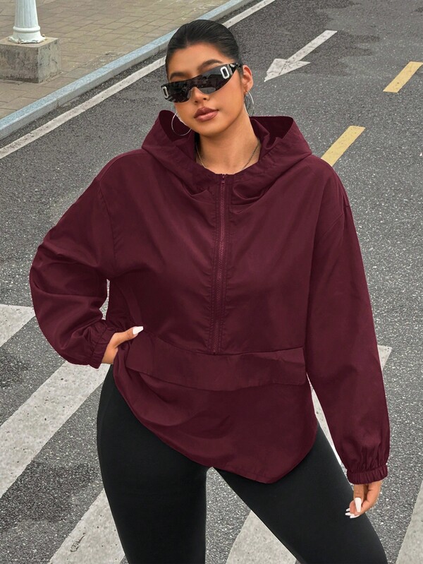 SHEIN EZwear Jaqueta com capuz plus size casual, cor sólida, meio zíper, outono