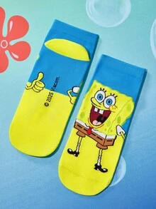SpongeBob SquarePants | SHEIN 2 Pairs Soft & Breathable Moisture-Wicking Casual Men Ankle Socks With & Fashionable And Cute Pink & Blue Short Socks Reinforced Toe & Heel For Durabiliy Unisex For Women All Season All-Match Summer Winter - Multicolor - View 7