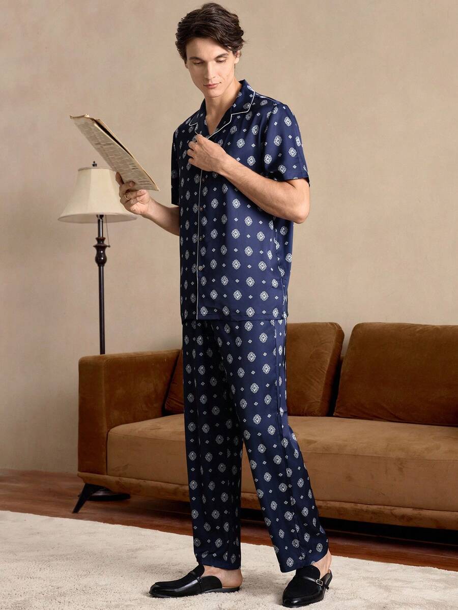 EverLounge Men's Summer Casual Allover Print Short Sleeve Top And Trousers Pajama Set - Multicolor - View 1
