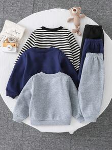 Set de 6 piezas de conjunto de sudadera de manga larga y pantalón jogger de punto con diseños de rayas, unicolor y dibujos animados lindos para niño/niña, adecuado para salidas de otoño e invierno - Multicolor - Ver 2