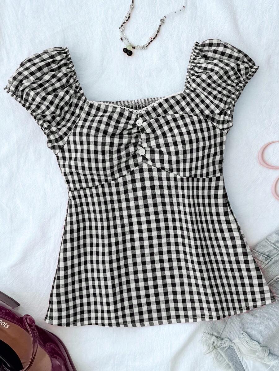 SHEIN Tween Girl Casual Minimalist Comfortable Plaid Back Strap Shirt Blouses For Girls Girls Babydoll Top Girls Checkered Top Shirts For Tween Girls Black And White - Black and White - View 1