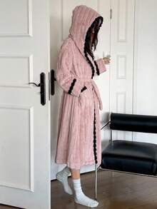 DAZY Women's Textured Fleece Patchwork Hooded Robe, Winter, Fall Fluffy Pajama, Cozy - Pink - View 7