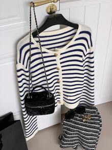 SHEIN EZwear Women's Casual Everyday Commute Versatile Colorblock Striped Pattern Metal Button Cardigan, Autumn Striped Cardigan Crop Cardigan Women,Fall