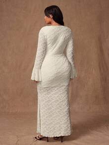 Rustia Plus Size Women's Elegant Lace Patchwork Flare Sleeve Long Dress, Patchwork Ruffle Hem Mermaid Fitted Dress, Autumn/Winter Fall Cloth For Women - Apricot - View 2