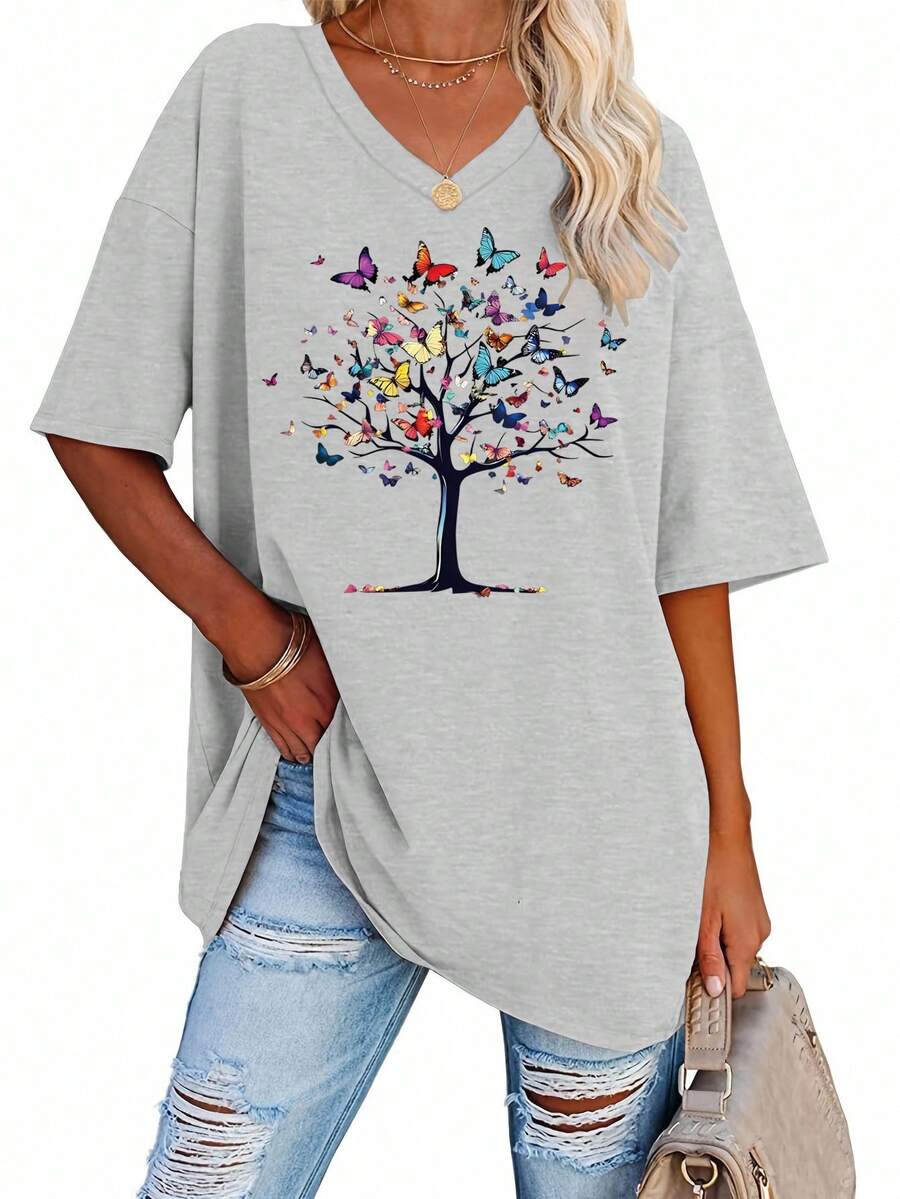 EMERY ROSE Women V-Neck T-Shirt | Polyester Knit Fabric | Lightweight & Breathable | Casual | For All Seasons - Light Grey - View 1