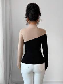 Elenzga Áo len dệt kim đơn giản màu tương phản cổ lọ thanh lịch dành cho nữ - màu đen - Xem 2